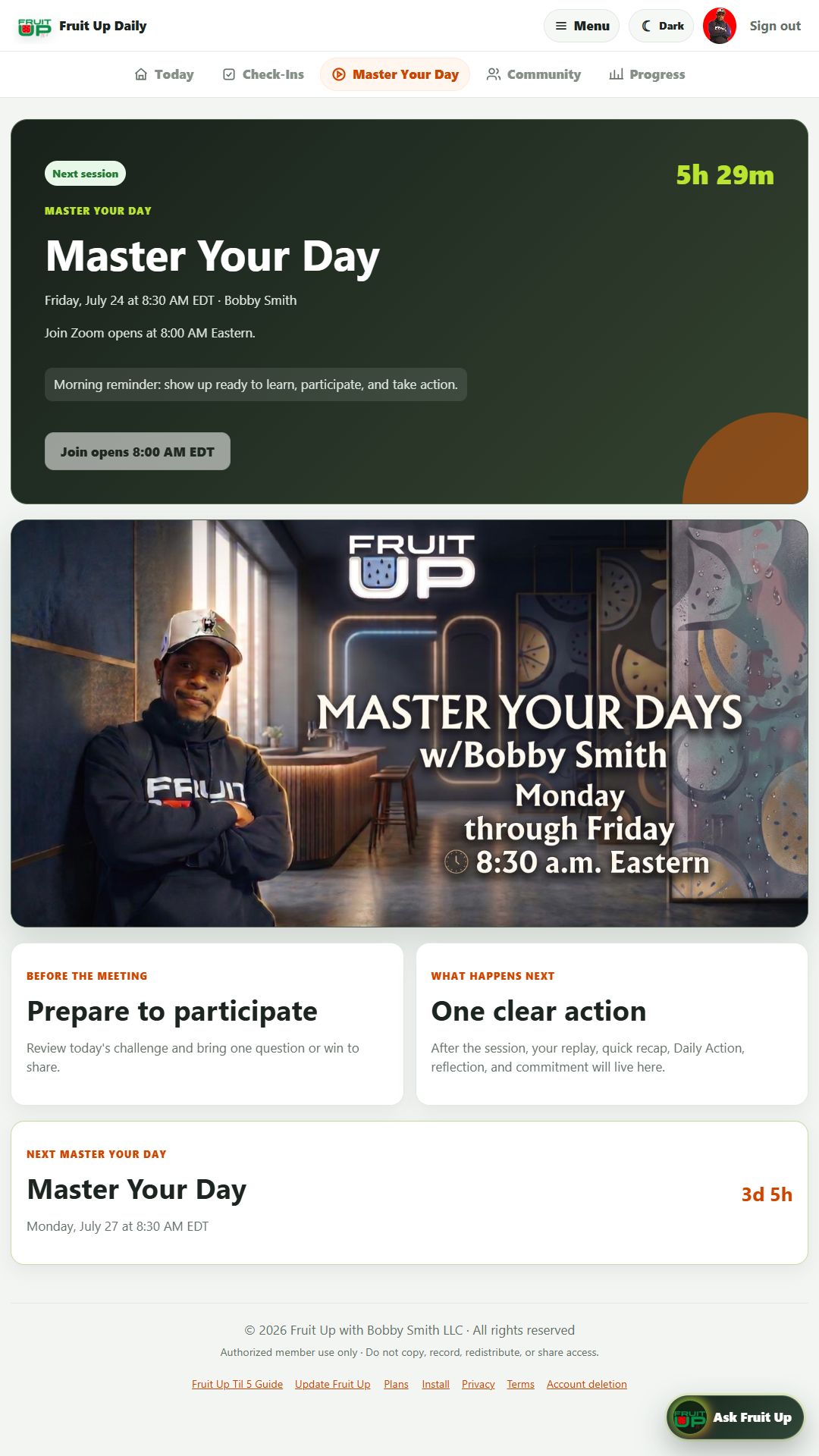 Fruit Up Daily App Master Your Day screen and 4-dot consistency calendar inside the app